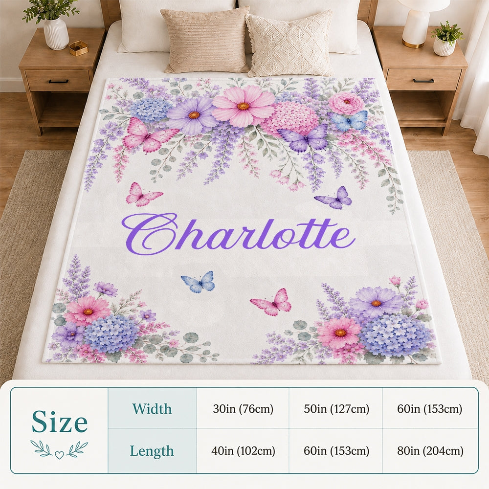 Personalized Butterfly Floral Baby Blanket Custom Name Nursery Throw Pink Purple Floral Girls Kids Toddler Bed Decor Birthday Gift Christmas Fleece Blanket | teecentury