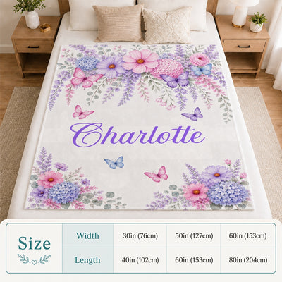Personalized Butterfly Floral Baby Blanket Custom Name Nursery Throw Pink Purple Floral Girls Kids Toddler Bed Decor Birthday Gift Christmas Fleece Blanket | teecentury