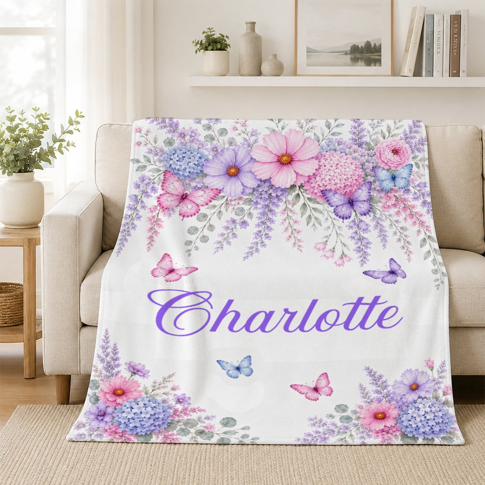 Personalized Butterfly Floral Baby Blanket Custom Name Nursery Throw Pink Purple Floral Girls Kids Toddler Bed Decor Birthday Gift Christmas Fleece Blanket | teecentury