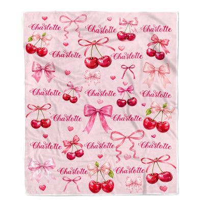 Personalized Cherry Blanket Custom Name Love You Pink Coquette Bows Hearts Gift For Girls Daughter Girlfriend Birthday Valentines Christmas Fleece Blanket | teecentury