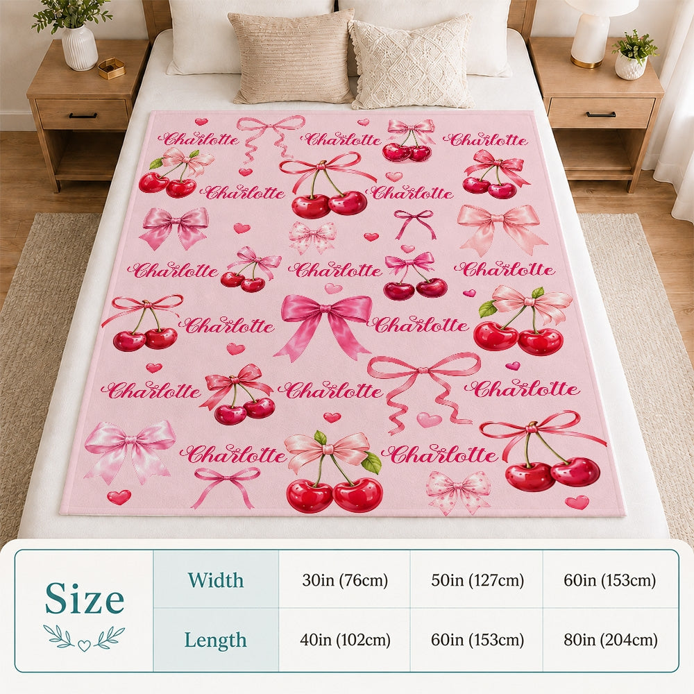 Personalized Cherry Blanket Custom Name Love You Pink Coquette Bows Hearts Gift For Girls Daughter Girlfriend Birthday Valentines Christmas Fleece Blanket | teecentury