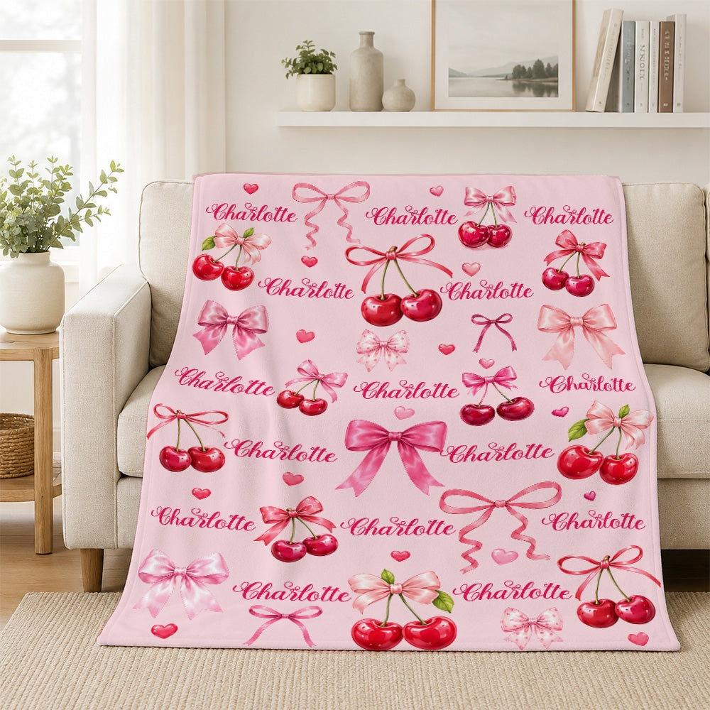 Personalized Cherry Blanket Custom Name Love You Pink Coquette Bows Hearts Gift For Girls Daughter Girlfriend Birthday Valentines Christmas Fleece Blanket | teecentury