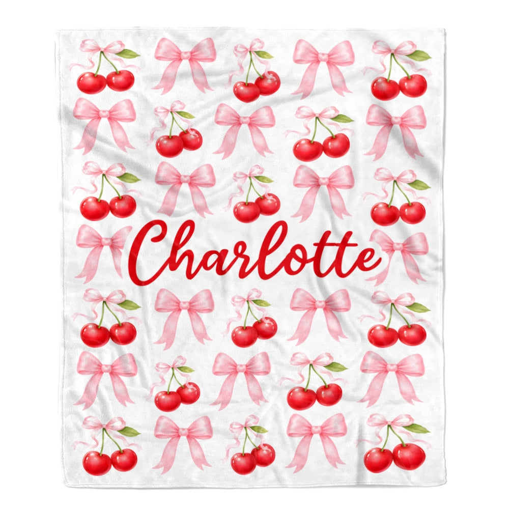 Personalized Cherry Bow Blanket Coquette Aesthetic Pink Red Cherries Bows Custom Name Cute Girly Gift For Girls Women Kids Birthday Christmas Fleece Blanket | teecentury