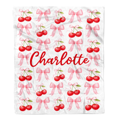 Personalized Cherry Bow Blanket Coquette Aesthetic Pink Red Cherries Bows Custom Name Cute Girly Gift For Girls Women Kids Birthday Christmas Fleece Blanket | teecentury
