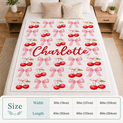 Personalized Cherry Bow Blanket Coquette Aesthetic Pink Red Cherries Bows Custom Name Cute Girly Gift For Girls Women Kids Birthday Christmas Fleece Blanket | teecentury