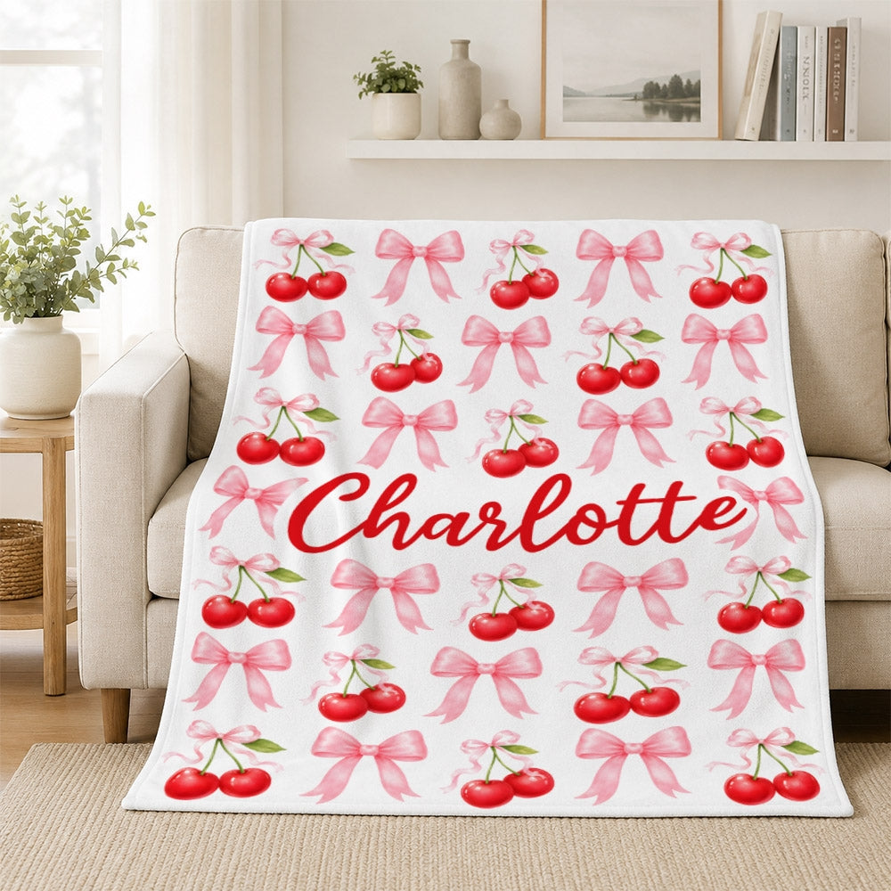 Personalized Cherry Bow Blanket Coquette Aesthetic Pink Red Cherries Bows Custom Name Cute Girly Gift For Girls Women Kids Birthday Christmas Fleece Blanket | teecentury