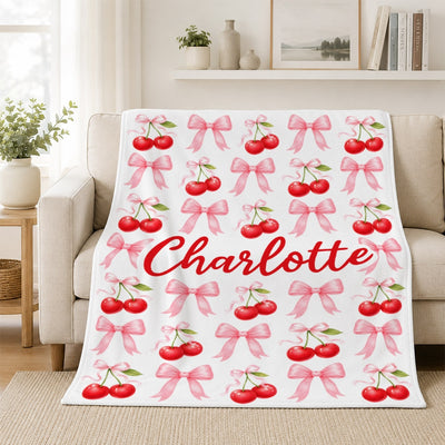 Personalized Cherry Bow Blanket Coquette Aesthetic Pink Red Cherries Bows Custom Name Cute Girly Gift For Girls Women Kids Birthday Christmas Fleece Blanket | teecentury
