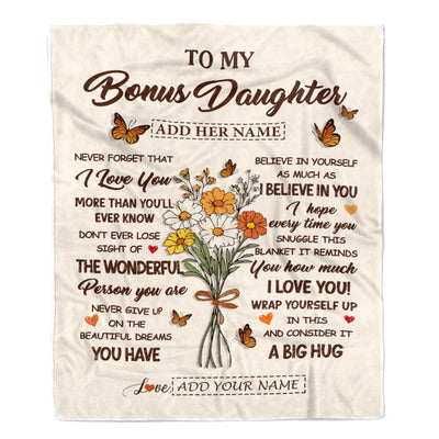 Personalized Christmas Bonus Daughter Gifts From Stepmother Inspirational Love Flowers To My Stepdaughter Blanket Birthday Idea Graduation Fleece Throw Blanket | teecentury