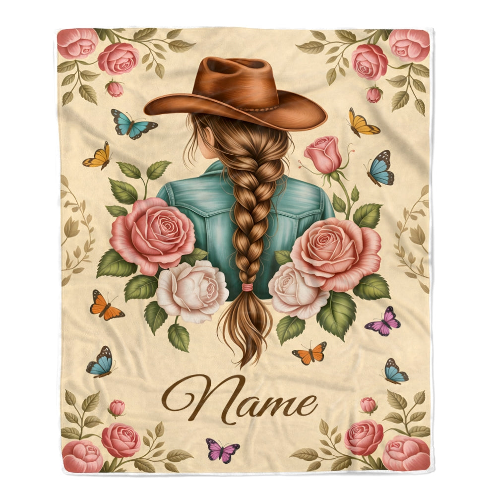 Personalized Cowgirl Name Blanket Vintage Western Floral Butterfly Gift For Women Girls Daughter Birthday Christmas Country Style Custom Fleece Throw Blanket | teecentury