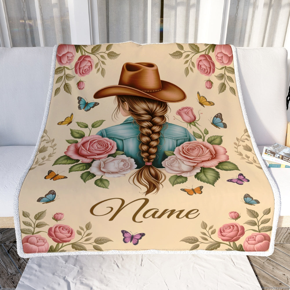 Personalized Cowgirl Name Blanket Vintage Western Floral Butterfly Gift For Women Girls Daughter Birthday Christmas Country Style Custom Fleece Throw Blanket | teecentury