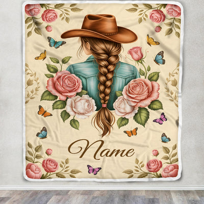 Personalized Cowgirl Name Blanket Vintage Western Floral Butterfly Gift For Women Girls Daughter Birthday Christmas Country Style Custom Fleece Throw Blanket | teecentury