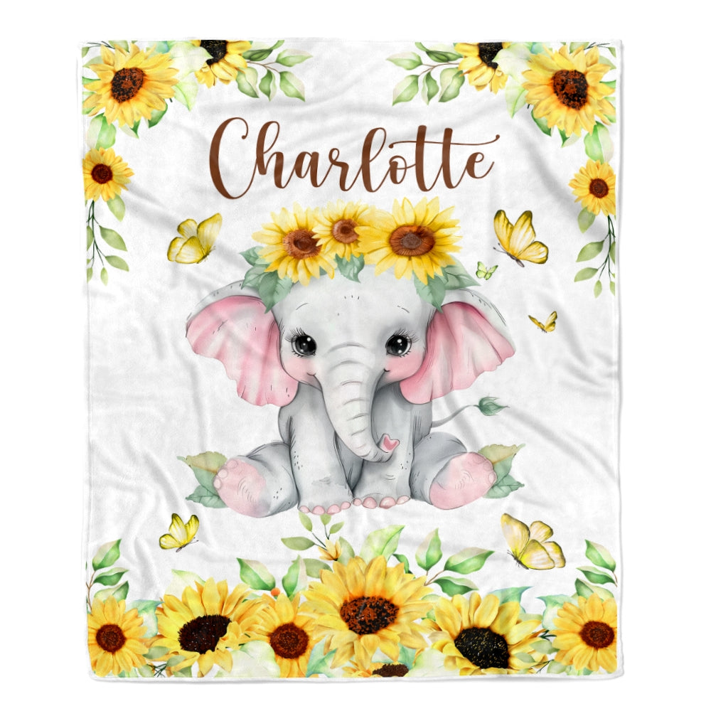Personalized Custom Baby Blanket With Name Elephant Newborn Sunflower Baby Girl Children Kids Daughter Granddaughter Niece Birthday Christmas Fleece Blanket Blanket | Teecentury.com