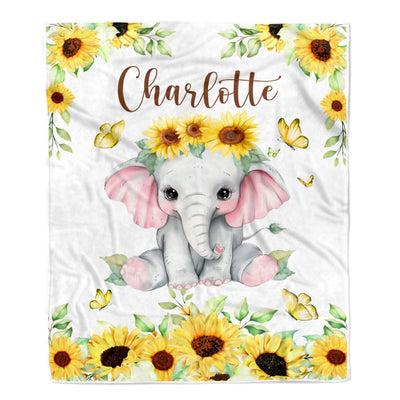 Personalized Custom Baby Blanket With Name Elephant Newborn Sunflower Baby Girl Children Kids Daughter Granddaughter Niece Birthday Christmas Fleece Blanket Blanket | Teecentury.com