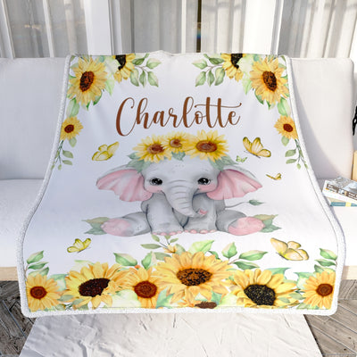 Personalized Custom Baby Blanket With Name Elephant Newborn Sunflower Baby Girl Children Kids Daughter Granddaughter Niece Birthday Christmas Fleece Blanket Blanket | Teecentury.com