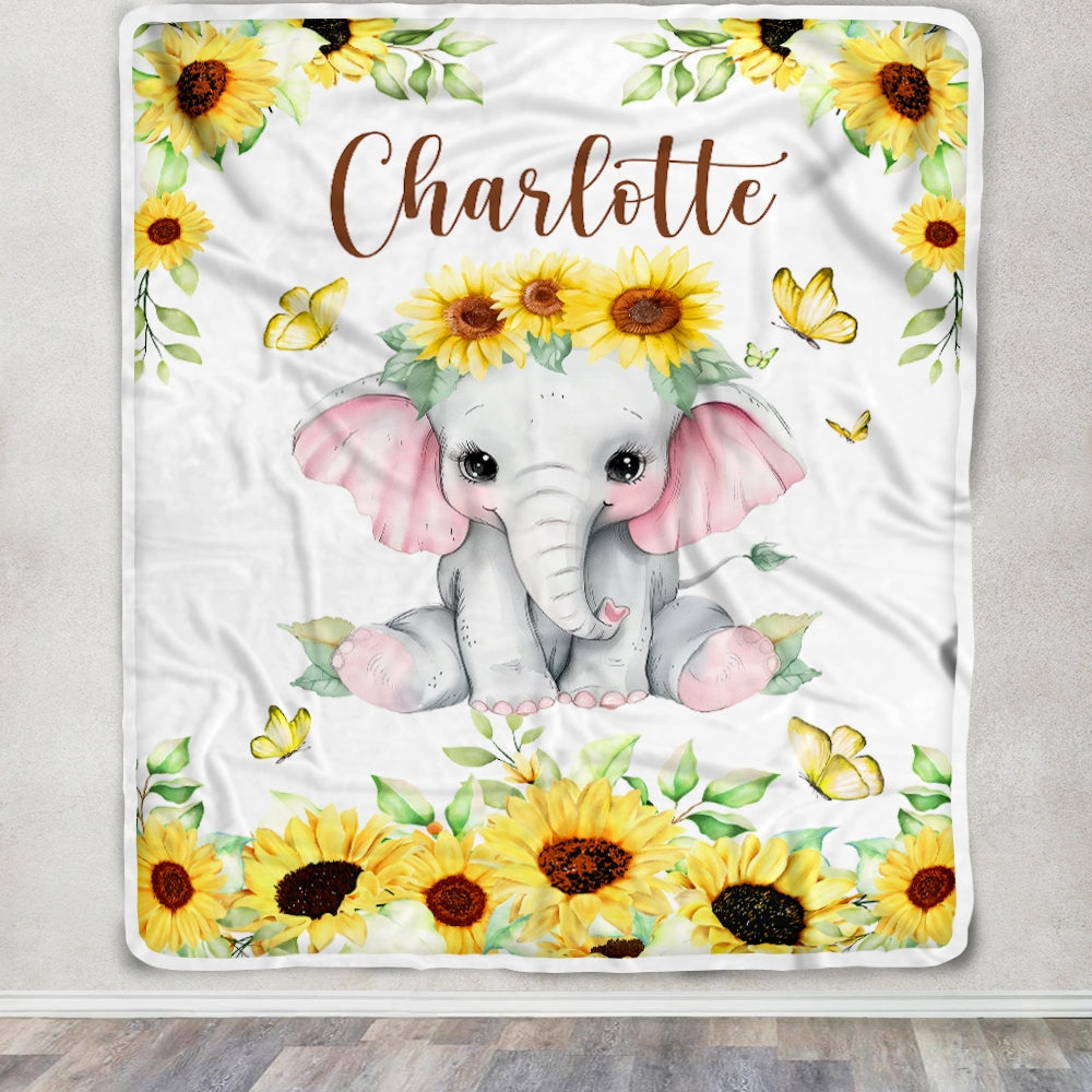 Personalized Custom Baby Blanket With Name Elephant Newborn Sunflower Baby Girl Children Kids Daughter Granddaughter Niece Birthday Christmas Fleece Blanket Blanket | Teecentury.com