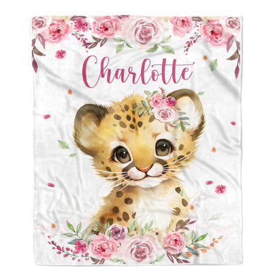 Personalized Custom Baby Blanket With Name Girl Lion Newborn Pink Flower Baby Girl Children Kid Daughter Granddaughter Niece Birthday Christmas Fleece Blanket Blanket | Teecentury.com