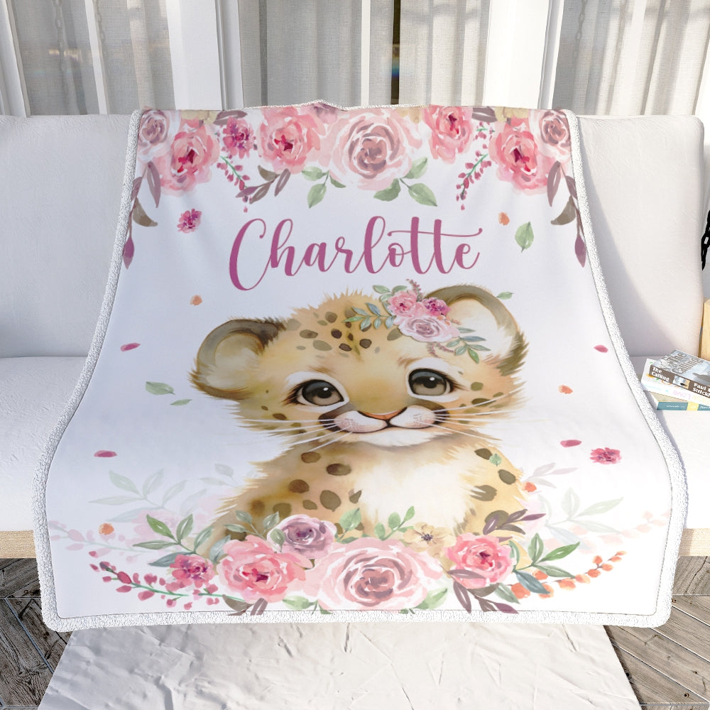 Personalized Custom Baby Blanket With Name Girl Lion Newborn Pink Flower Baby Girl Children Kid Daughter Granddaughter Niece Birthday Christmas Fleece Blanket Blanket | Teecentury.com