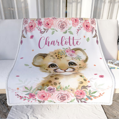 Personalized Custom Baby Blanket With Name Girl Lion Newborn Pink Flower Baby Girl Children Kid Daughter Granddaughter Niece Birthday Christmas Fleece Blanket Blanket | Teecentury.com