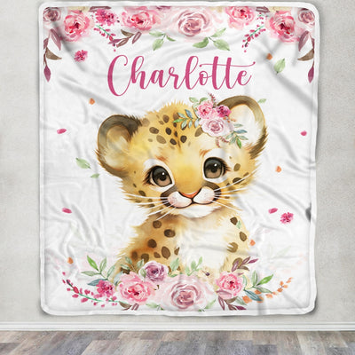 Personalized Custom Baby Blanket With Name Girl Lion Newborn Pink Flower Baby Girl Children Kid Daughter Granddaughter Niece Birthday Christmas Fleece Blanket Blanket | Teecentury.com