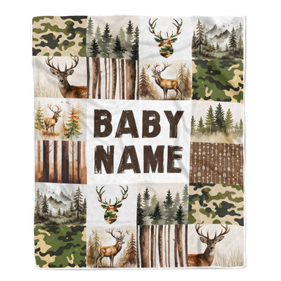 Personalized Custom Baby Shower Blanket With Name Deer Camo Forest Buck Trees Hunting Theme Nursery Boy Gifts For Birthday Christmas Customized Fleece Blanket | teecentury