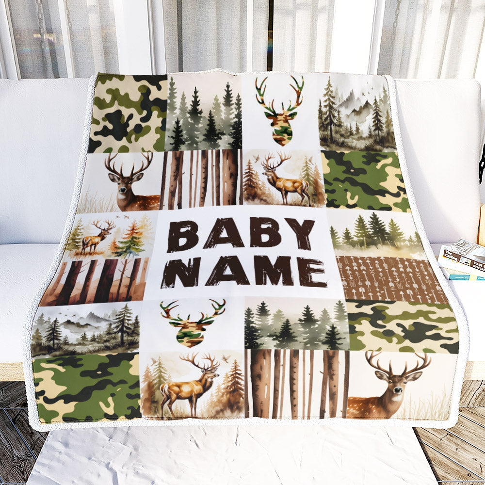 Personalized Custom Baby Shower Blanket With Name Deer Camo Forest Buck Trees Hunting Theme Nursery Boy Gifts For Birthday Christmas Customized Fleece Blanket | teecentury