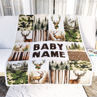 Personalized Custom Baby Shower Blanket With Name Deer Camo Forest Buck Trees Hunting Theme Nursery Boy Gifts For Birthday Christmas Customized Fleece Blanket | teecentury