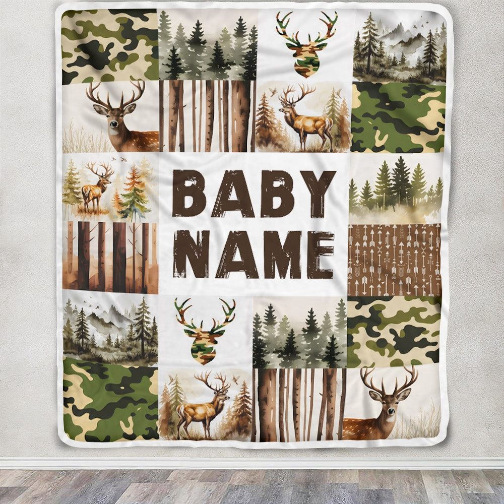 Personalized Custom Baby Shower Blanket With Name Deer Camo Forest Buck Trees Hunting Theme Nursery Boy Gifts For Birthday Christmas Customized Fleece Blanket | teecentury