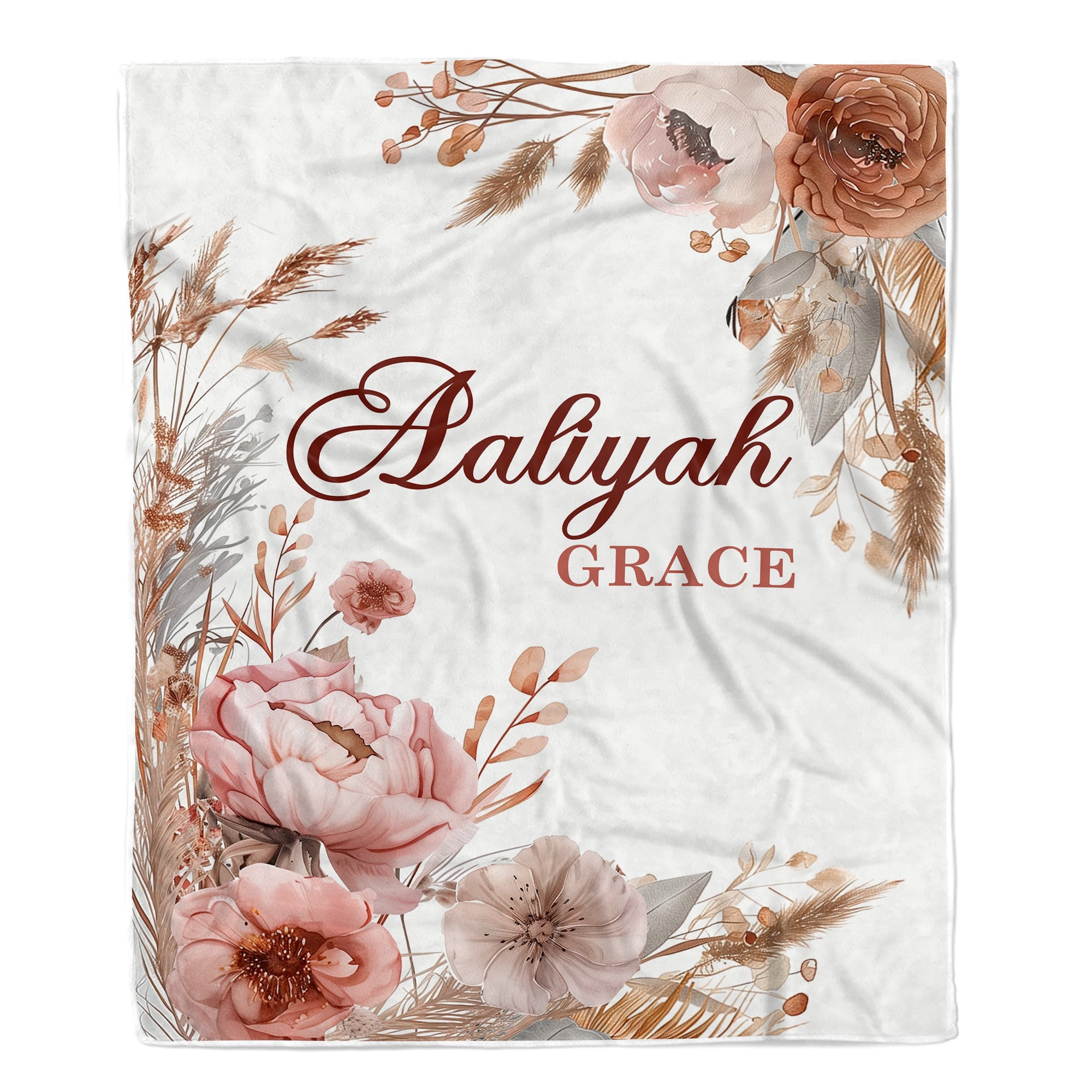 Personalized Custom Boho Floral Baby Shower Blanket For Girls With Name Dried Flowers Roses Nursery Theme Bedding Gift Birthday Girls Christmas Fleece Blanket | teecentury