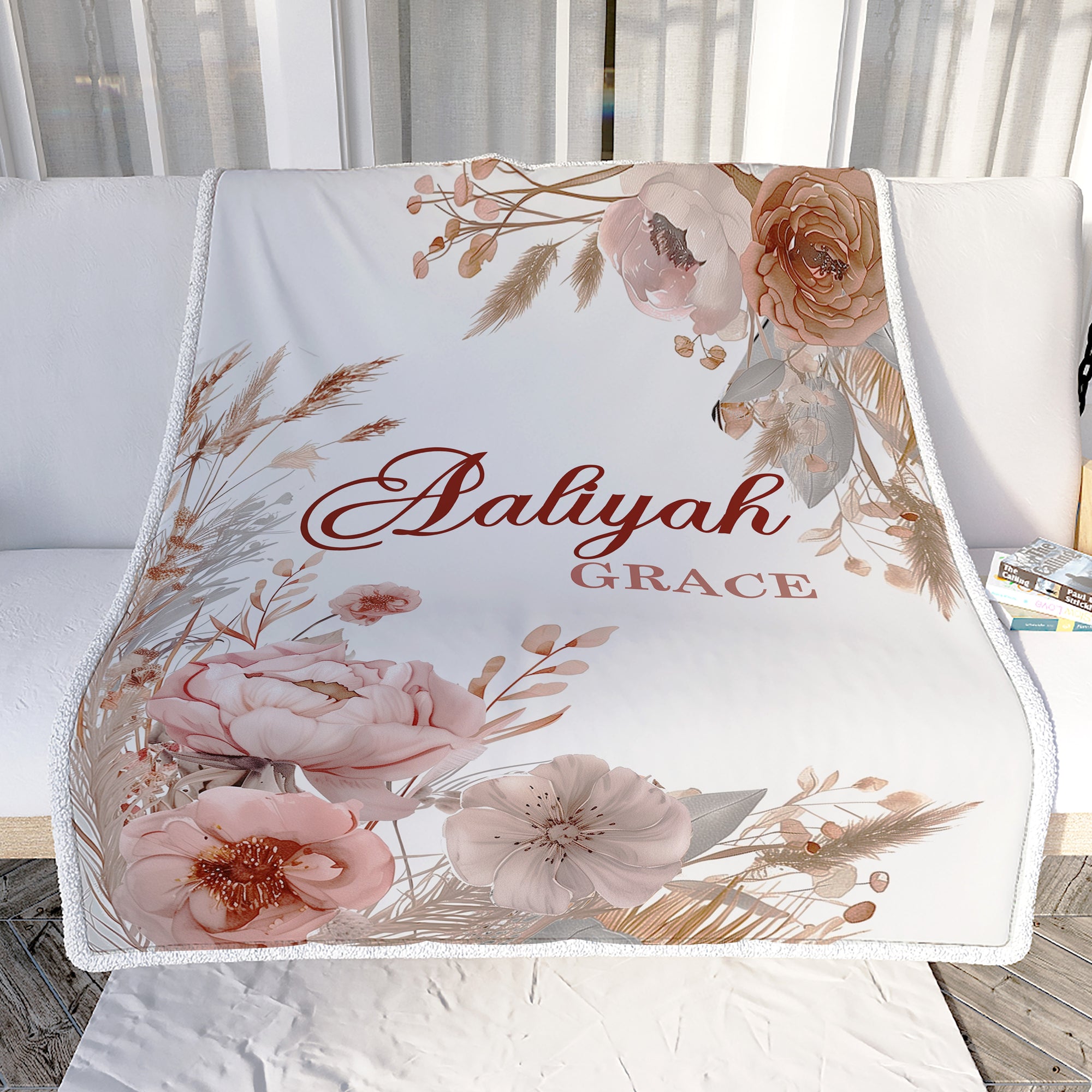 Personalized Custom Boho Floral Baby Shower Blanket For Girls With Name Dried Flowers Roses Nursery Theme Bedding Gift Birthday Girls Christmas Fleece Blanket | teecentury
