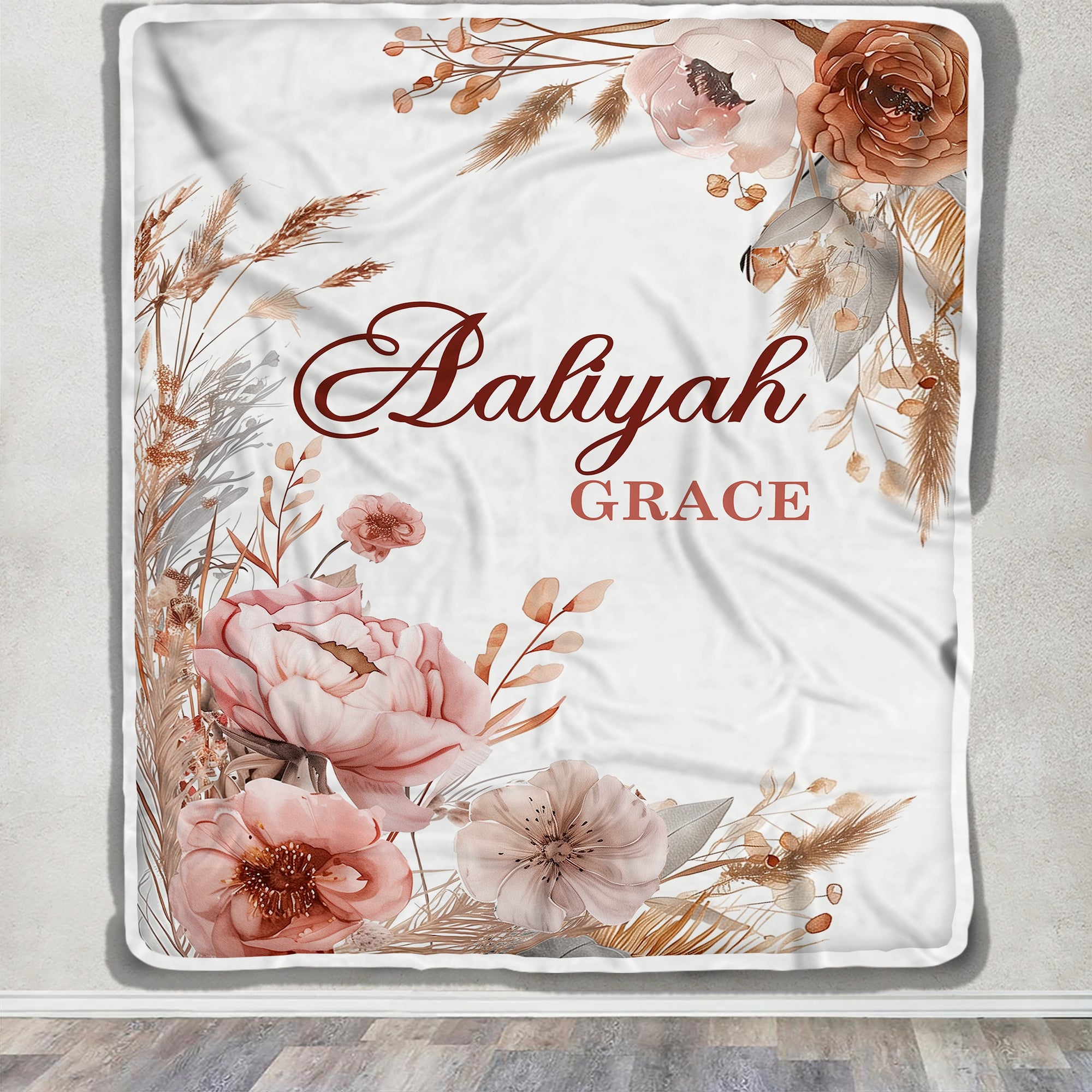 Personalized Custom Boho Floral Baby Shower Blanket For Girls With Name Dried Flowers Roses Nursery Theme Bedding Gift Birthday Girls Christmas Fleece Blanket | teecentury