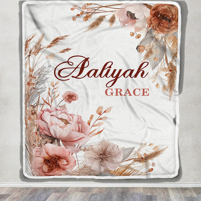 Personalized Custom Boho Floral Baby Shower Blanket For Girls With Name Dried Flowers Roses Nursery Theme Bedding Gift Birthday Girls Christmas Fleece Blanket | teecentury