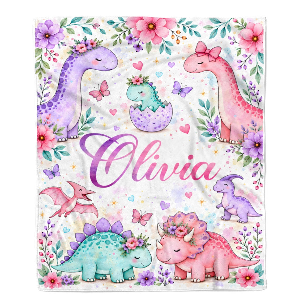 Personalized Custom Name Dinosaur Blanket Soft Cute Pastel Dino Floral Throw For Girls Kids Daughter Niece Baby Nursery Birthday Christmas Fleece Throw Blanket | teecentury