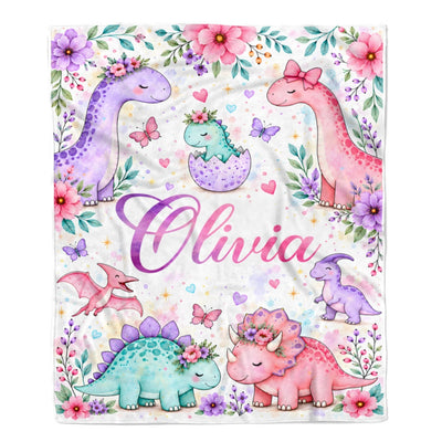 Personalized Custom Name Dinosaur Blanket Soft Cute Pastel Dino Floral Throw For Girls Kids Daughter Niece Baby Nursery Birthday Christmas Fleece Throw Blanket | teecentury