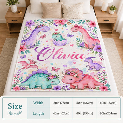 Personalized Custom Name Dinosaur Blanket Soft Cute Pastel Dino Floral Throw For Girls Kids Daughter Niece Baby Nursery Birthday Christmas Fleece Throw Blanket | teecentury