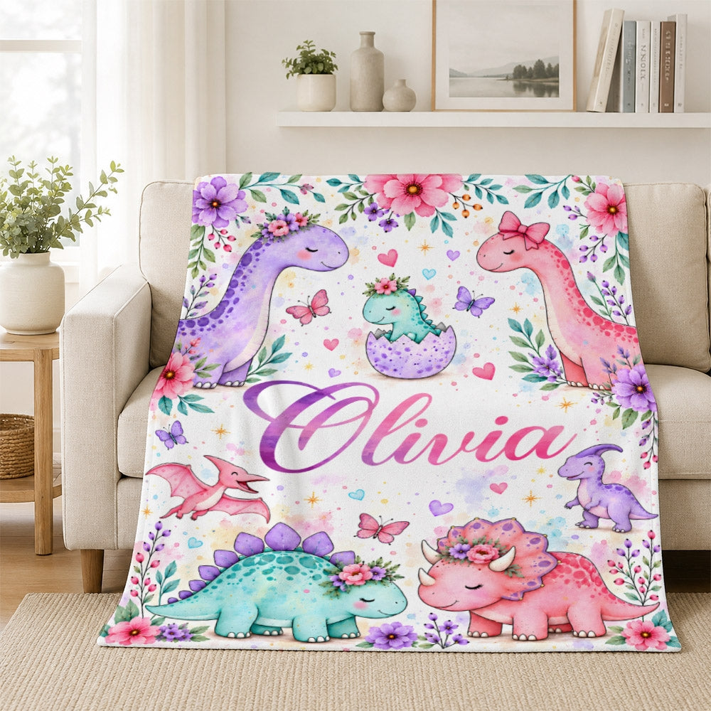 Personalized Custom Name Dinosaur Blanket Soft Cute Pastel Dino Floral Throw For Girls Kids Daughter Niece Baby Nursery Birthday Christmas Fleece Throw Blanket | teecentury