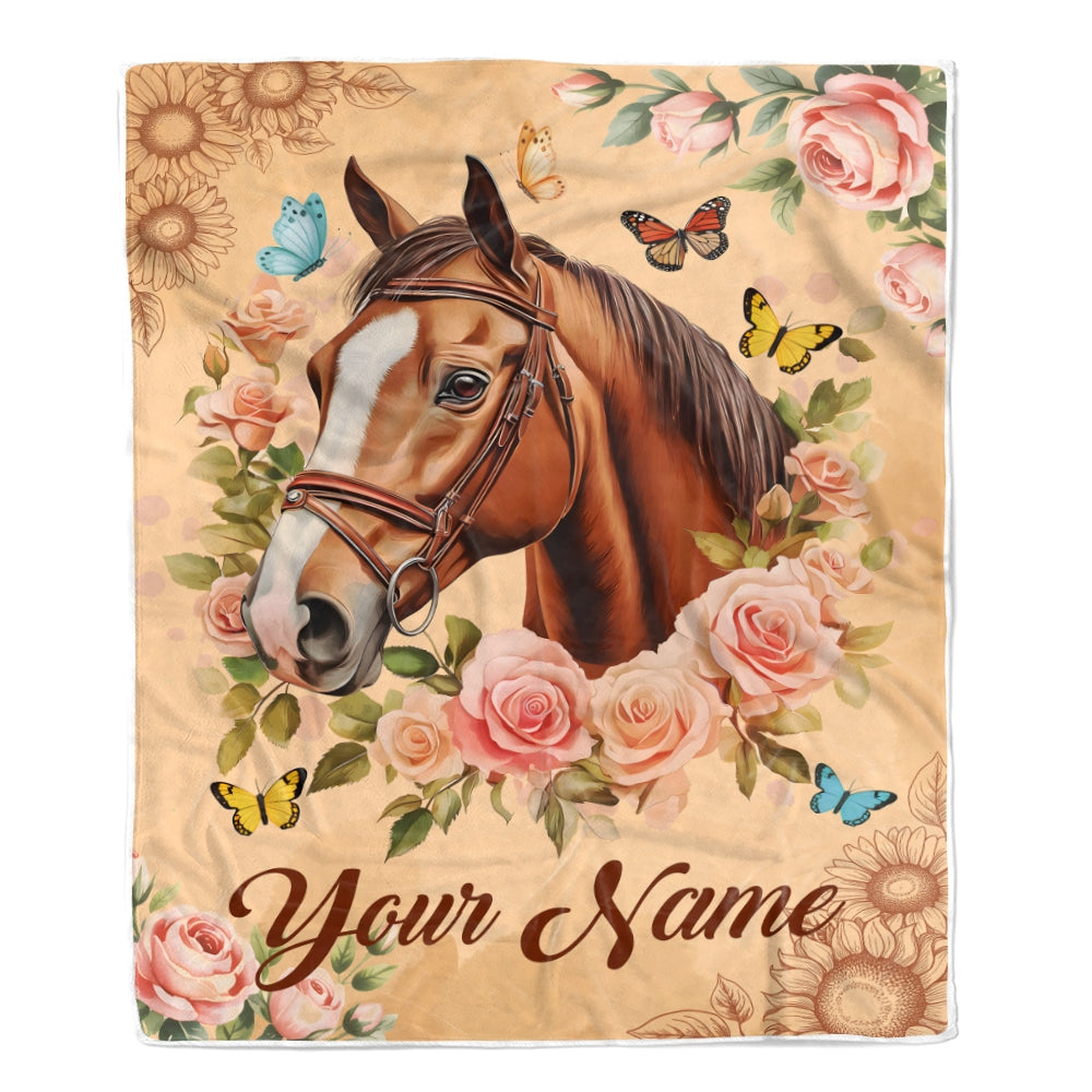 Personalized Custom Name Horse Blanket Floral Vintage Style Gift For Horse Lovers Women Daughter Birthday Christmas Cozy Farmhouse Decor Fleece Throw Blanket | teecentury