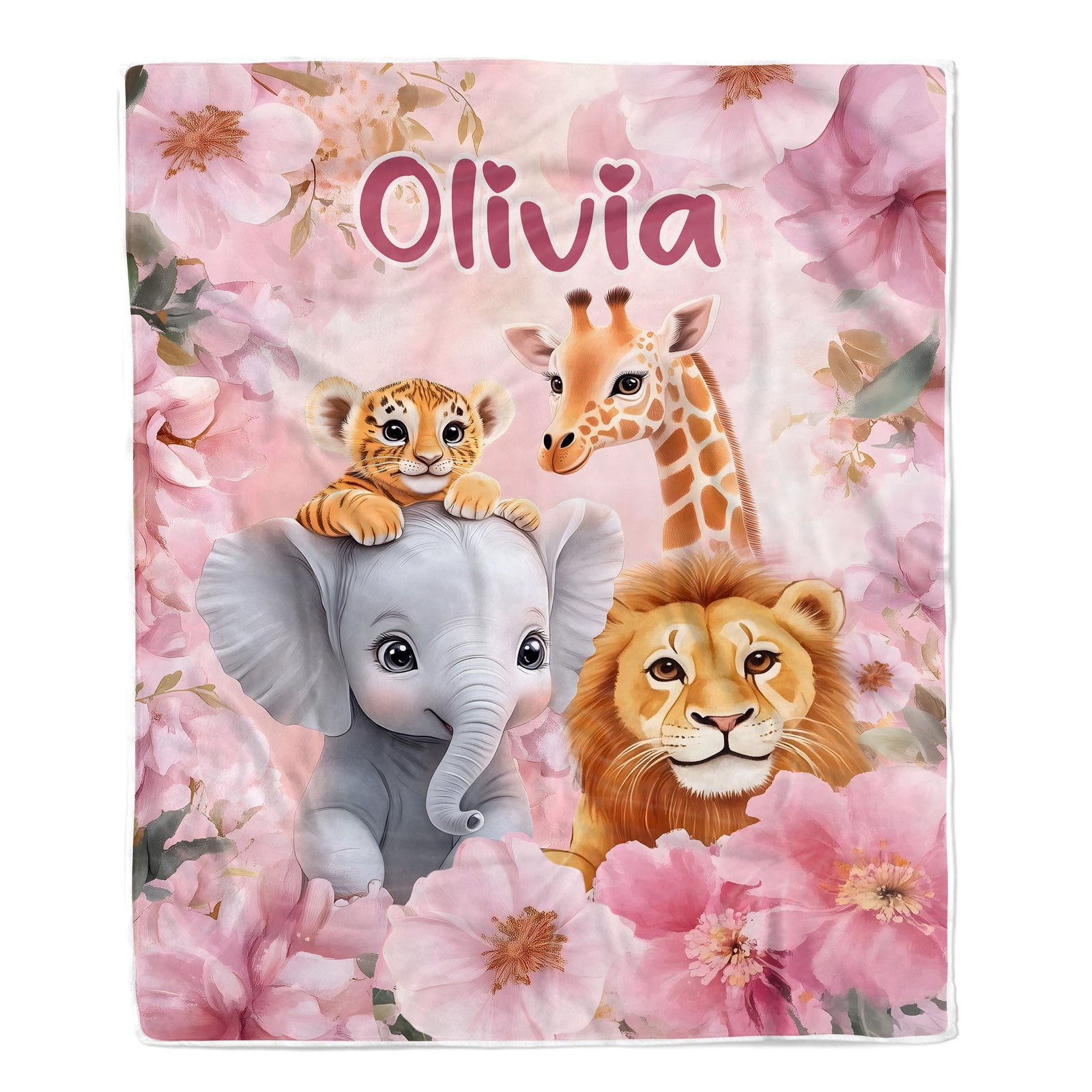 Personalized Cute Animal Baby Blanket With Name For Kids Pink Floral Nursery Decor Brithday Gift Christmas Newborn Bedding Custom Fleece Throw Blanket | teecentury