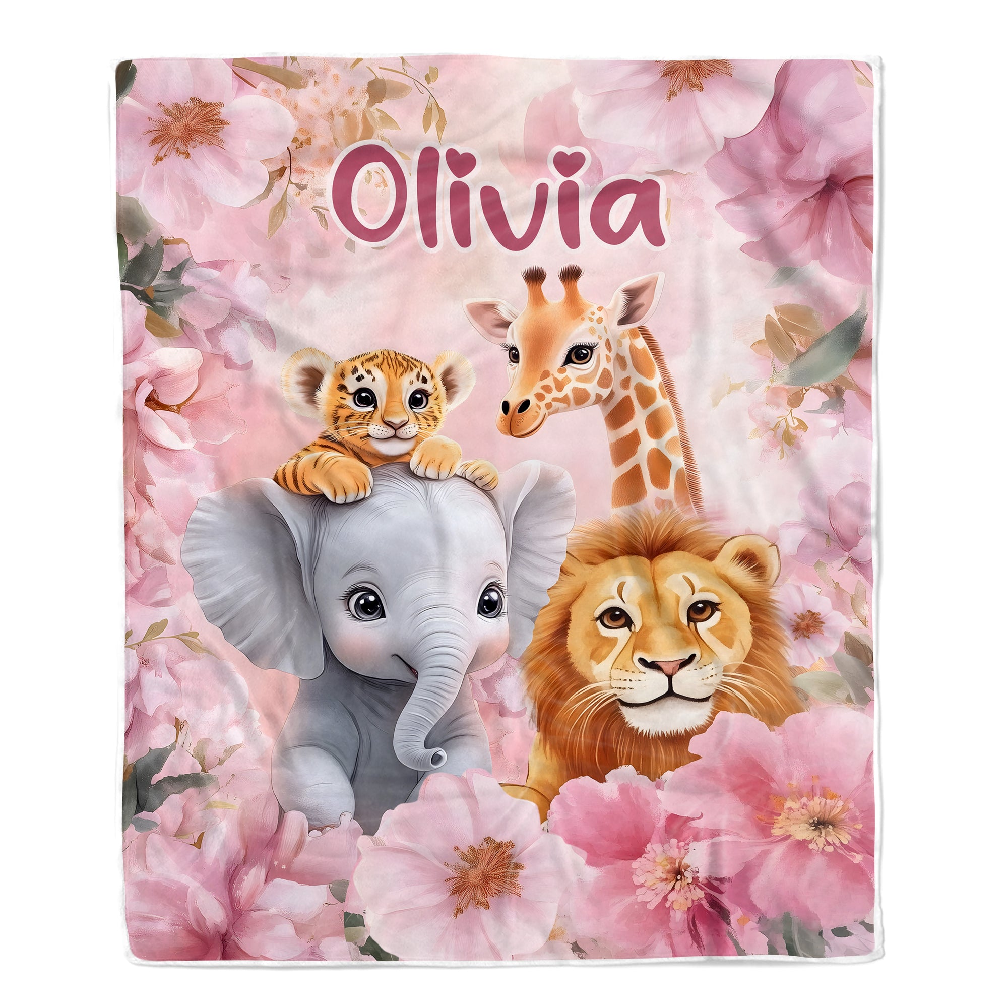 Personalized Cute Animal Baby Blanket With Name For Kids Pink Floral Nursery Decor Brithday Gift Christmas Newborn Bedding Custom Fleece Throw Blanket | teecentury