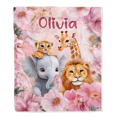 Personalized Cute Animal Baby Blanket With Name For Kids Pink Floral Nursery Decor Brithday Gift Christmas Newborn Bedding Custom Fleece Throw Blanket | teecentury