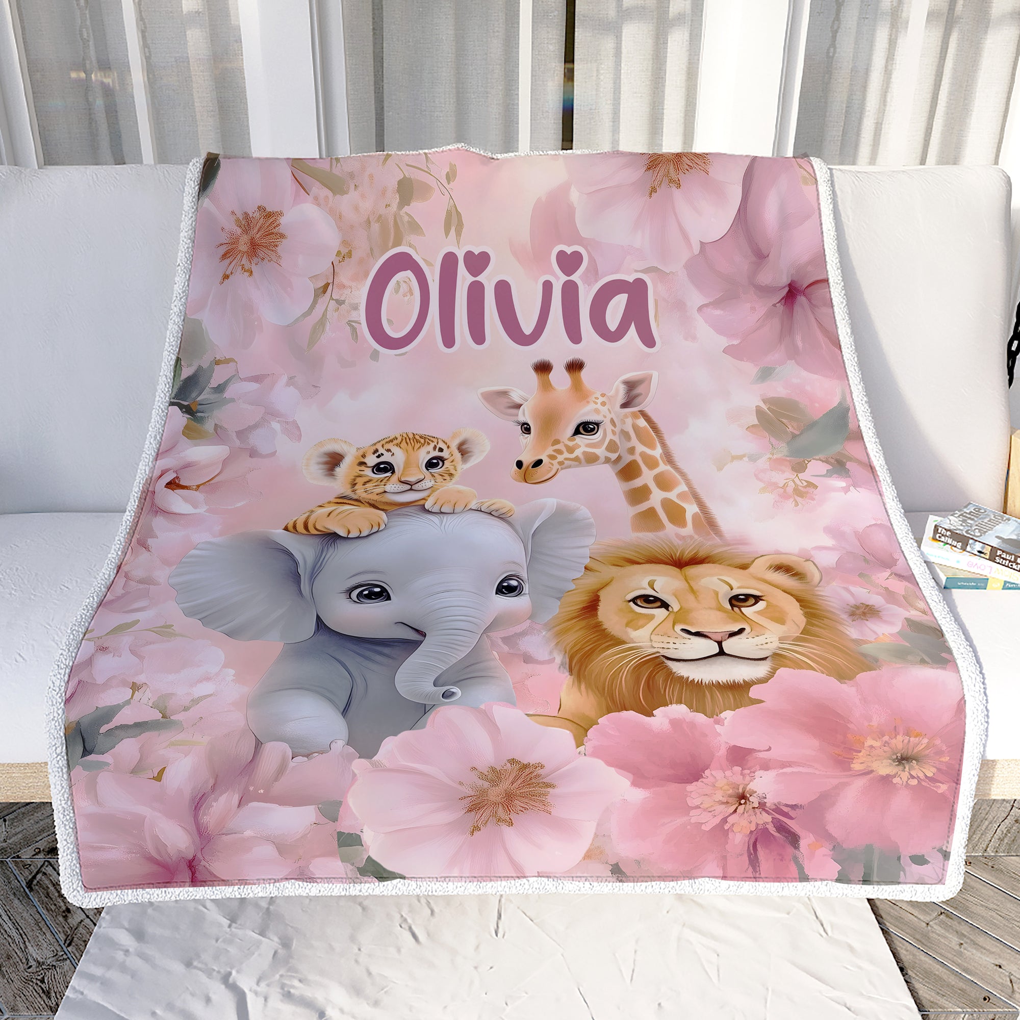 Personalized Cute Animal Baby Blanket With Name For Kids Pink Floral Nursery Decor Brithday Gift Christmas Newborn Bedding Custom Fleece Throw Blanket | teecentury