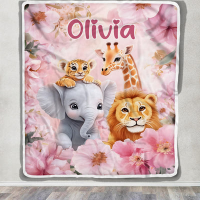 Personalized Cute Animal Baby Blanket With Name For Kids Pink Floral Nursery Decor Brithday Gift Christmas Newborn Bedding Custom Fleece Throw Blanket | teecentury