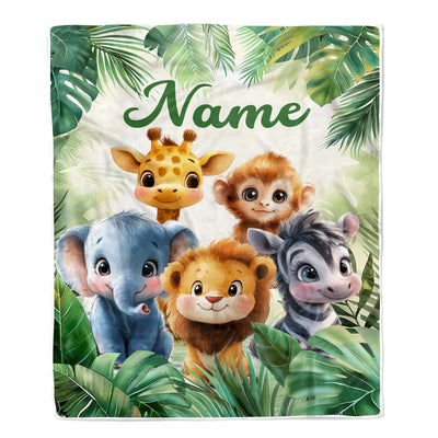 Personalized Cute Safari Animals Baby Shower Blanket Giraffe Elephant Monkey Lion Jungle Theme Bedding Gift Boys For Birthday Christmas Custom Fleece Blanket | teecentury