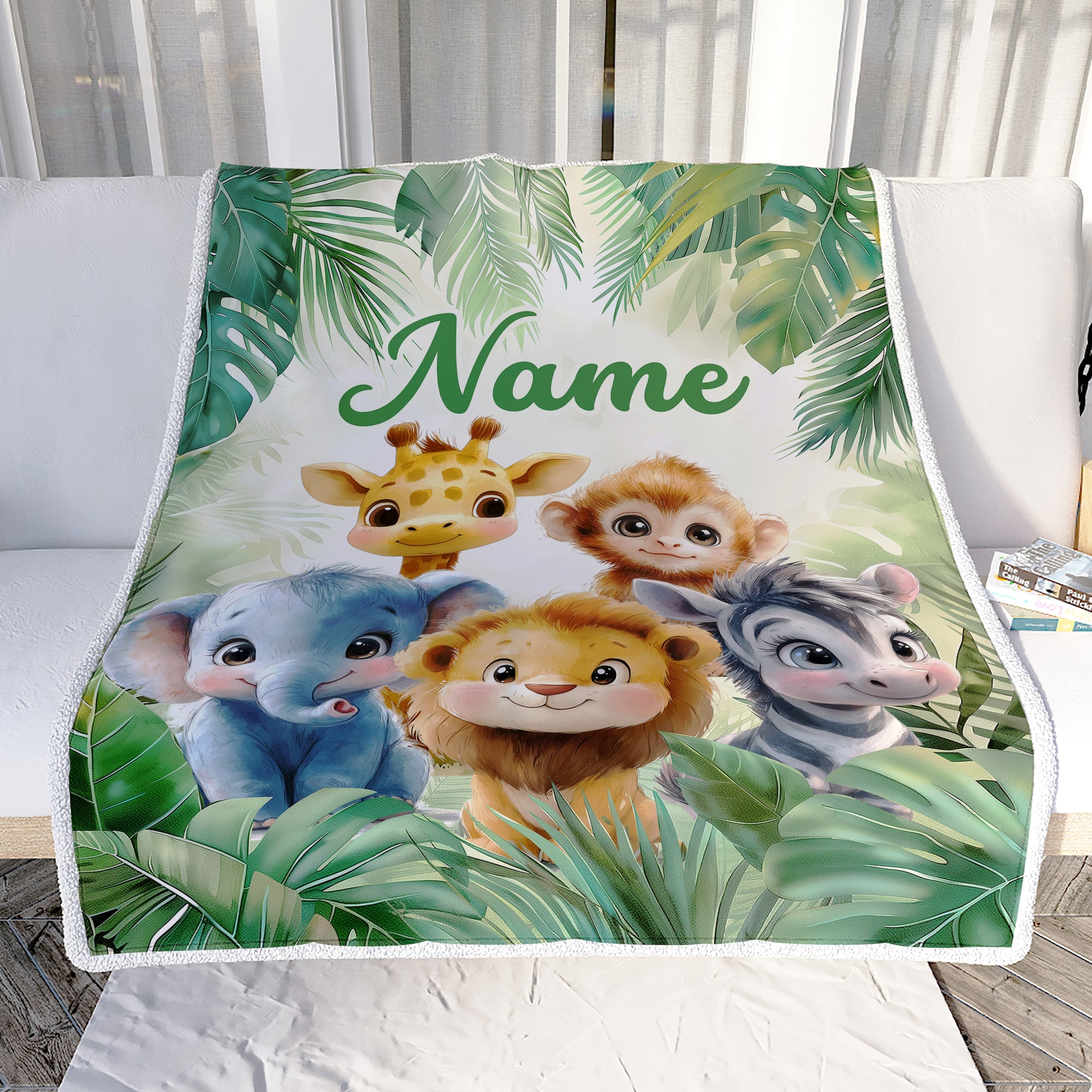 Personalized Cute Safari Animals Baby Shower Blanket Giraffe Elephant Monkey Lion Jungle Theme Bedding Gift Boys For Birthday Christmas Custom Fleece Blanket | teecentury