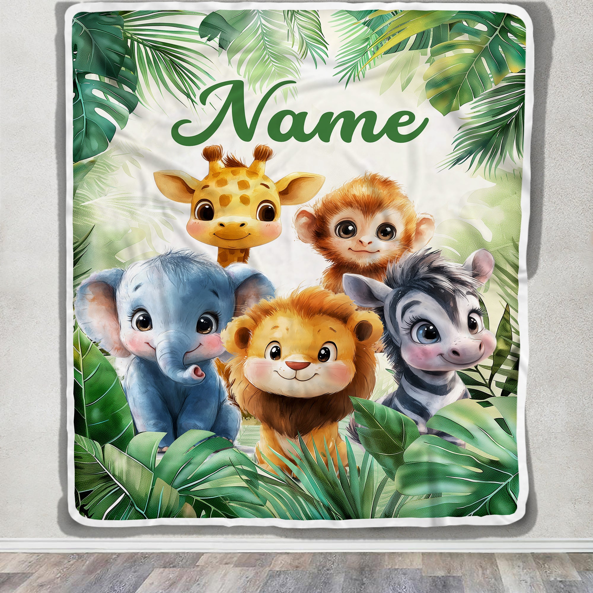 Personalized Cute Safari Animals Baby Shower Blanket Giraffe Elephant Monkey Lion Jungle Theme Bedding Gift Boys For Birthday Christmas Custom Fleece Blanket | teecentury