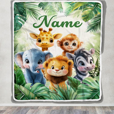 Personalized Cute Safari Animals Baby Shower Blanket Giraffe Elephant Monkey Lion Jungle Theme Bedding Gift Boys For Birthday Christmas Custom Fleece Blanket | teecentury