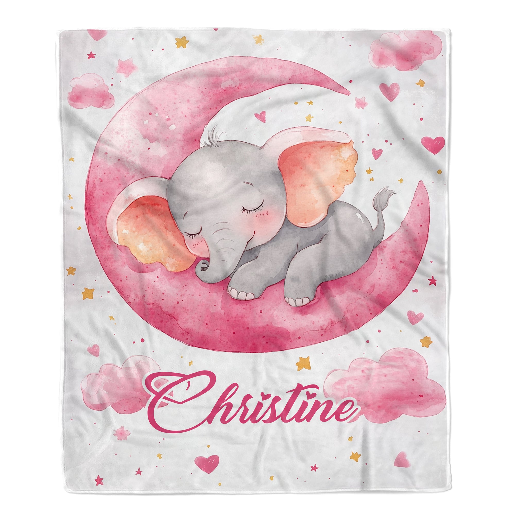 Personalized Cute Sleeping Elephant Baby Shower Blanket Pink Moon Stars Nursery Bedding Gift For Girls Newborn Birthday Christmas Custom Name Fleece Blanket | teecentury