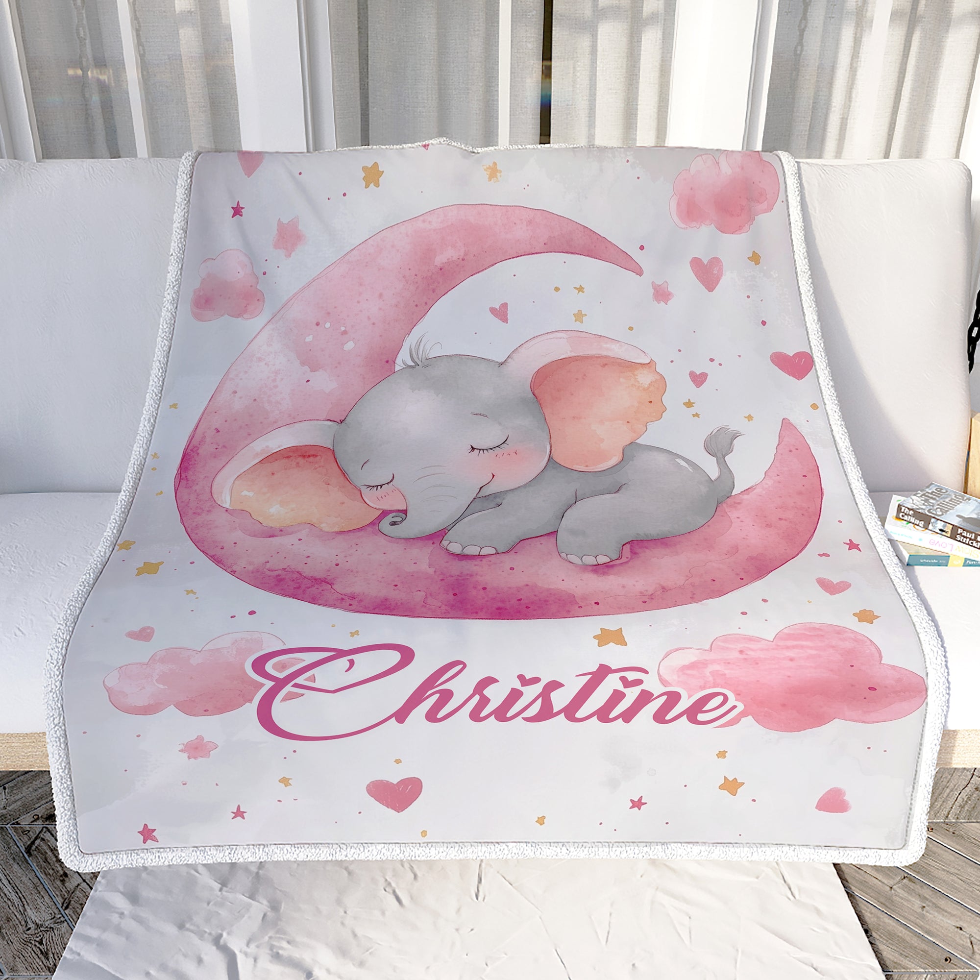 Personalized Cute Sleeping Elephant Baby Shower Blanket Pink Moon Stars Nursery Bedding Gift For Girls Newborn Birthday Christmas Custom Name Fleece Blanket | teecentury
