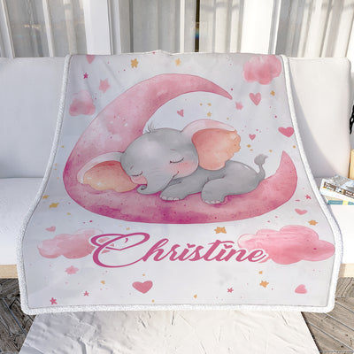 Personalized Cute Sleeping Elephant Baby Shower Blanket Pink Moon Stars Nursery Bedding Gift For Girls Newborn Birthday Christmas Custom Name Fleece Blanket | teecentury