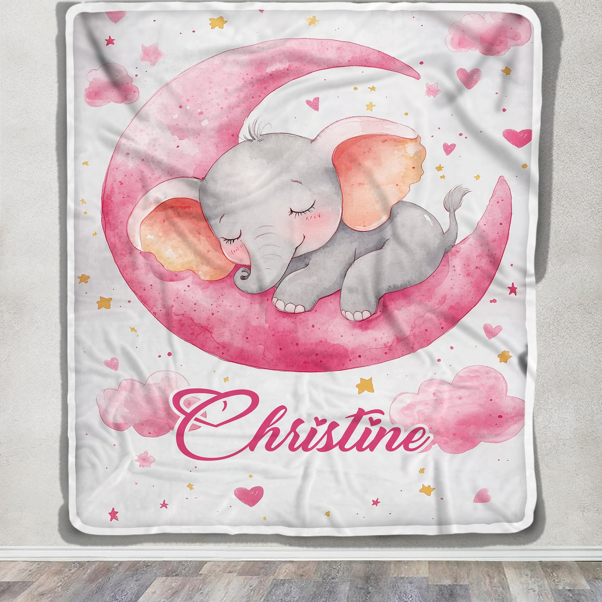 Personalized Cute Sleeping Elephant Baby Shower Blanket Pink Moon Stars Nursery Bedding Gift For Girls Newborn Birthday Christmas Custom Name Fleece Blanket | teecentury