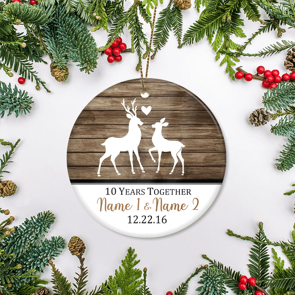 Personalized Deer Couple Anniversary 1st 5th 10th 20th Christmas Ornament Rustic Keepsake for Husband Wife with Names Date Customized Christmas Tree Ornament | teecentury